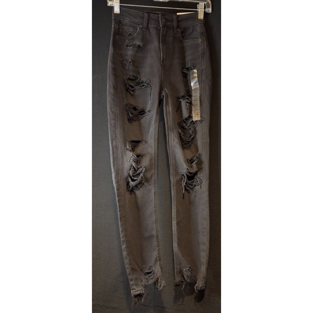 American Eagle Strigid Onyx Black Distressed Ripped Mom Jeans Size 000 23W